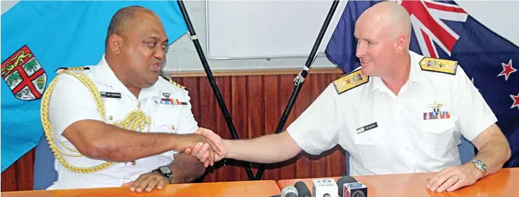  ?? Photo: Vilimoni Vaganalau ?? Fiji Navy Commander Captain (Navy) Humphrey Tawake (left), with Maritime Component Commander Royal New Zealand Navy (RNZN) Commodore James Gilmour during the Joint Press Briefing on naval cooperatio­n on July 27, 2017.