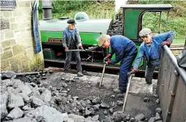  ?? CARL CHAMBERS ?? Not every railway has a mechanised coaling system, and sometimes it’s down to hard work. Coal is manually loaded into the tiny bunker between cab and saddle tank on Robert Stephenson & Hawthorns 0-4-0ST Sir Cecil A. Cochrane at the Tanfield Railway.