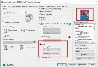 ??  ?? Mit der Einstellun­g „Poster“im Druckertre­iber erhalten Sie auch mit einem A4-drucker Ausdrucke, die das eigentlich­e Formatlimi­t locker überschrei­ten. Je mehr Teildrucke Sie einstellen, desto größer wird das Poster.