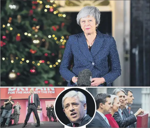  ??  ?? BREXIT LINES: Clockwise from top, Theresa May pledges to fight on, Philip Hammond, presents his Budget, Speaker John Bercow and Jeremy Corbyn at the Labour Party conference.