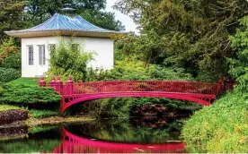  ??  ?? ORIENTAL: Chinese folly at Shugboroug­h and, right, the Scone Palace Maze. Top: Rope bridge at the Eden Project. Inset: Alnwick’s poison garden