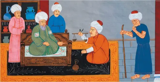  ??  ?? A physician preparing medicine for a man suffering from smallpox; purportedl­y from an Ottoman manuscript of Avicenna’s 1025 treatise The Canon of Medicine. Nir Shafir, a professor of Ottoman history at the University of California at San Diego, denounced this painting as a forgery in a 2018 essay for Aeon about modern fake miniature paintings said to show scientific understand­ing in medieval Islamic societies, which he argues were ‘made to appeal to a contempora­ry audience by claiming to depict the science of a distant Islamic past.’