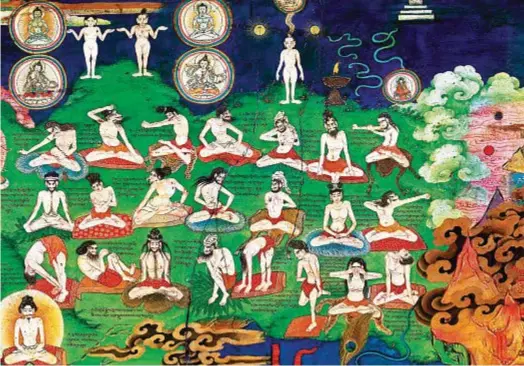  ??  ?? MEDITATE, GENTE, MEDITATE Qui sopra, lo yoga tibetano in un affresco del XVIII secolo, a Lukhang. Nella pagina di sinistra, il Buddha Shakyamuni (XV secolo), ritratto in una delle cappelle del complesso di templi Kumbun a Gyantse