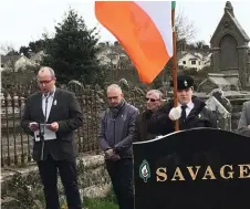  ??  ?? Cllr Chris MacManus at the Martin Savage Commemorat­ion in Ballisodar­e at midday on Easter Sunday.