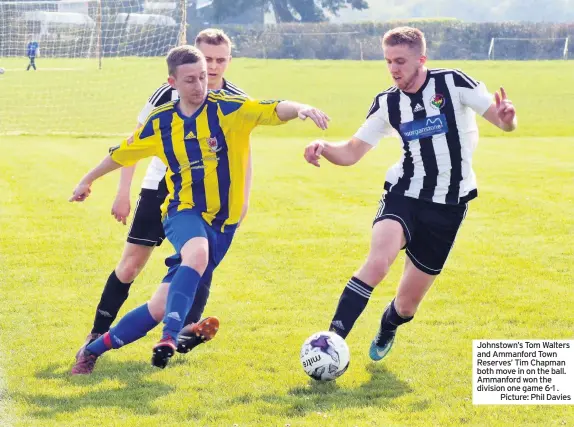  ??  ?? Johnstown’s Tom Walters and Ammanford Town Reserves’ Tim Chapman both move in on the ball. Ammanford won the division one game 6-1 .
Picture: Phil Davies