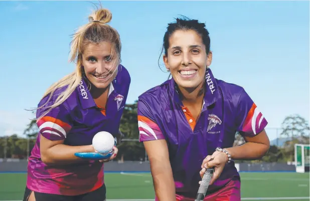  ?? Picture: BRENDAN RADKE ?? NEW RECRUITS: Argentinia­n players Lola Pastrana and Marianela Busechian have joined the Trinity Stingers A-grade women's team.