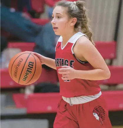  ?? MICHAEL GARD/POST-TRIBUNE ?? Portage’s Ava Melendez moves the ball during a 2020 game at Crown Point.