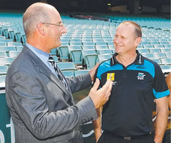  ?? Picture: LACHLAN CUNNINGHAM/AFL MEDIA ?? Port Adelaide chairman David Koch (left) and coach Ken Hinkley at a club function before the latest controvers­y.