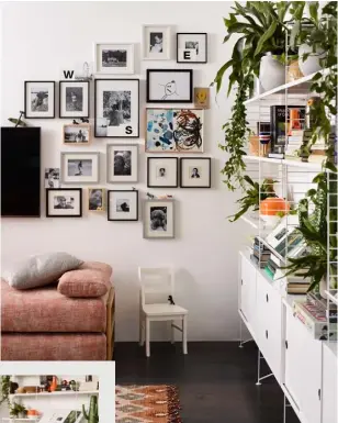  ??  ?? Above: TV, £699; frames, from £6; chair, £99 for set of two; shelving units, from £102; vases, from £30. Left: Cushions, from £25; throw, £95. Below: Rugs, from £260