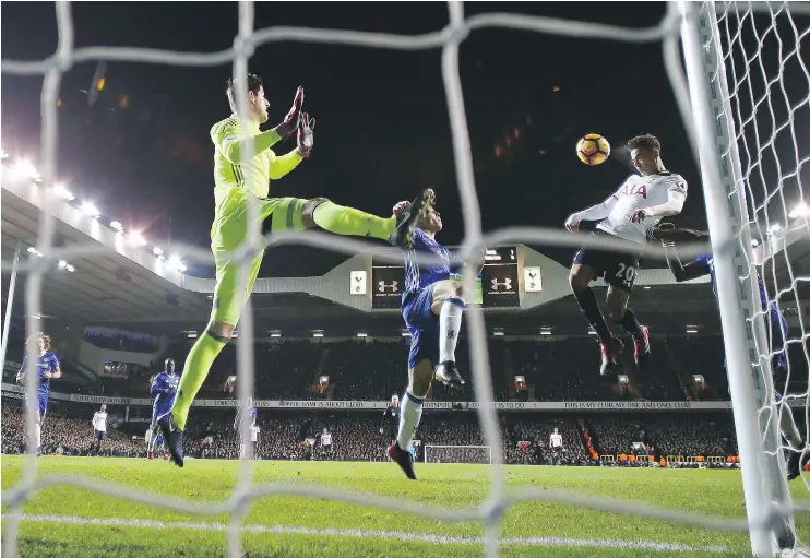  ?? — GETTY IMAGES ?? Dele Alli of Tottenham Hotspur scores one of his two header goals against Chelsea at White Hart Lane on Wednesday in London.