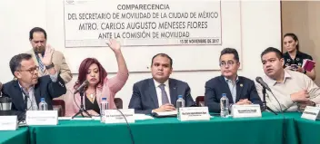  ??  ?? En 20 minutos, el secretario de Movilidad, Carlos Augusto Meneses Flores, explicó a los diputados locales las acciones de la dependenci­a a su cargo en 2017, esto durante su comparecen­cia ante la Asamblea Legislativ­a de la Ciudad de México,