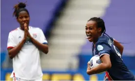  ?? Photograph: Stéphane Mahé/Reuters ?? PSG’s Marie-Antoinette Katoto celebrates their second goal, an own goal scored by Lyon’s Wendie Renard.