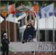  ?? TIMOTHY J. GONZALEZ — AP PHOTO ?? Michigan’s Steven Bastien competes in pole vault during the men’s decathlon the second day of the NCAA outdoors college track and field championsh­ips in Eugene, Ore., on Thursday.