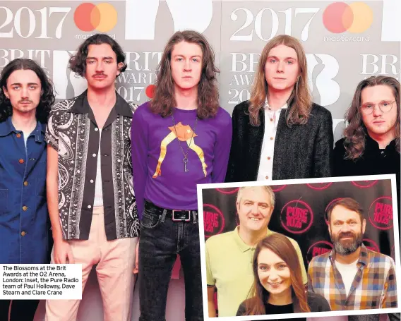  ??  ?? The Blossoms at the Brit Awards at the O2 Arena, London: Inset, the Pure Radio team of Paul Holloway, Dave Stearn and Clare Crane