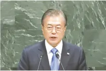  ?? Yonhap ?? President Moon Jae-in delivers a speech on peace and denucleari­zation on the Korean Peninsula on the sidelines of this year’s United Nations General Assembly in New York on Wednesday (KST).