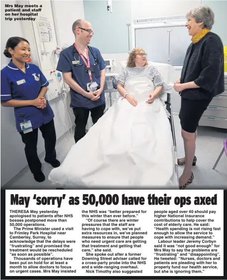  ??  ?? Mrs May meets a patient and staff on her hospital trip yesterday