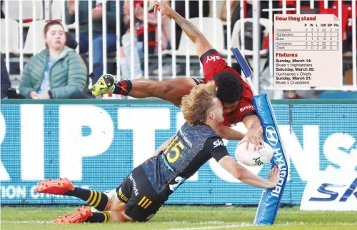  ?? PICTURES: Getty Images ?? Eye-catching: Leicester Fainga’anuku scores in the corner for Crusaders