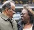  ?? Kathy Willens / Associated Press ?? MLB executive Joe Torre talks to Sharon Robinson before the Brewers-Mets game.
