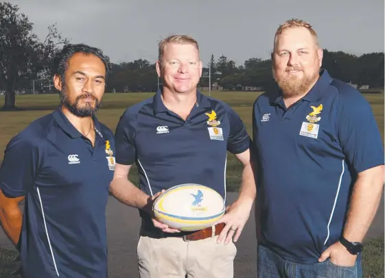  ?? Picture: GLENN HAMPSON ?? Gold Coast Eagles rugby director Joe Faalogo, president Ben Latimer and coach Jai Johnson at their club at James Overell Park.