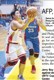  ??  ?? Jerry Boy Saracho of PNP shoots the ball against defending champion Senate in the UNTV Cup semis at the Pasig City Sports Center.