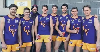  ?? ?? Kyabram flavour: New Goulburn Valley football interleagu­e coach Paul Newman (third from left) and Kyabram players (from left) Brad Whitford, Kyle Mueller, Zac Norris, Tom Holman, Lachie Smith, Mick Mattingly and Kayne Pettifer, who were involved in the winning GVL team against the Western Region Football League at Werribee.