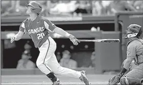  ?? NWA Democrat-Gazette/ANDY SHUPE ?? Arkansas second baseman Carson Shaddy watches the ball after hitting a two-run double to right field Saturday during the seventh inning of the No. 6 Razorbacks’ 3-1 victory over No. 20 Texas A&M at Baum Stadium in Fayettevil­le. Shaddy finished 2 for 4...