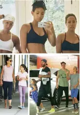  ??  ?? Clockwise: Willow Smith at the gym with her mother and grandmothe­r, 2018; the Beckhams at Soulcycle in Hollywood, 2016; Katie Holmes and Suri Cruise