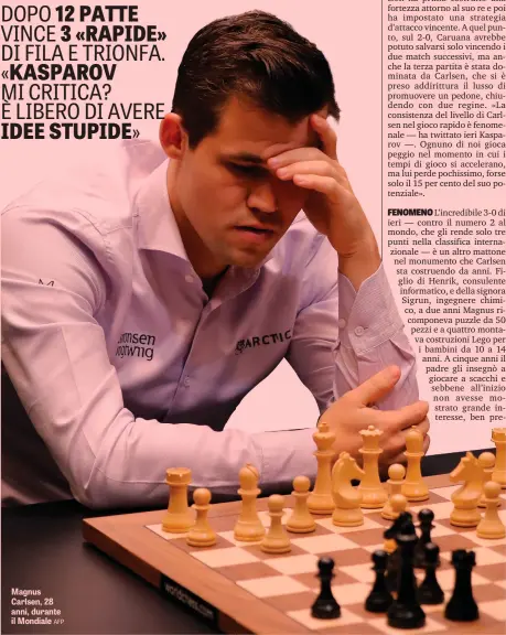  ??  ?? Magnus Carlsen, 28 anni, durante il Mondiale