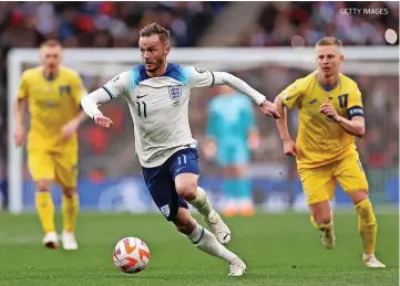  ?? GETTY IMAGES ?? INTERNATIO­NAL STAGE: James Maddison playing for England against Ukraine in March