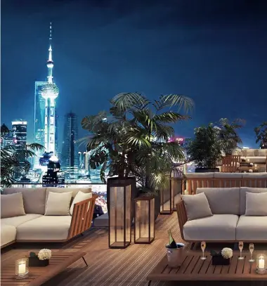  ??  ?? 俯瞰絕景 由上至下：上海Bulgari酒­店的屋頂露臺酒吧； Bulgari公寓的­淺色房型方案。