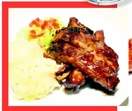  ??  ?? A closer look at 876 Terrace’s fall off the bone ribs served with a side of mashed potatoes and garden vegetables.