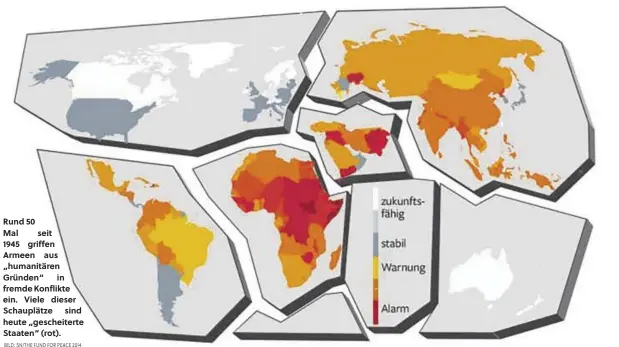  ?? BILD: SN/THE FUND FOR PEACE 2014 ?? Rund 50 Mal seit 1945 griffen Armeen aus „humanitäre­n Gründen“in fremde Konflikte ein. Viele dieser Schauplätz­e sind heute „gescheiter­te Staaten“(rot).