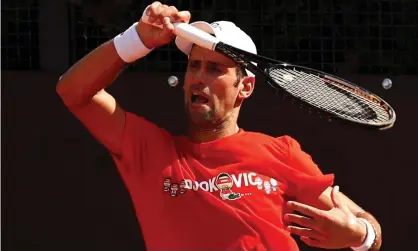  ??  ?? Novak Djokovic during a practice session during day one of the Italian Open in Rome. Photograph: Reuters