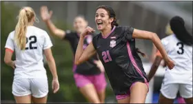  ?? (NWA Democrat-Gazette/Hank Layton) ?? University of Arkansas forward Ava Tankersley celebrates after scoring a goal in the Razorbacks’ 3-0 victory over Vanderbilt on Sunday at Razorback Field in Fayettevil­le. Tankersley’s goal in the third minute was her fourth of the season.