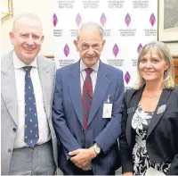 ??  ?? Graham Evans MP with John Hajdu and Laura Marks OBE, chair of the HMDT trustees