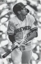  ?? BENNY SIEU / USA TODAY SPORTS ?? Brewers rightfielder Tyrone Taylor watches his three-run home run clear the American Family Field wall in the fourth inning Thursday against the Cardinals.