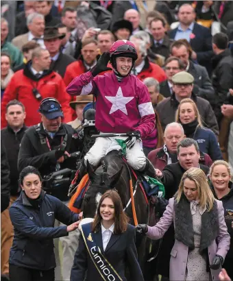  ?? Bryan Cooper celebrates winning the Timico Cheltenham Gold Cup Steeple Chase on Don Cossack. Prestbury Park, Cheltenham, Gloucester­shire, England. Picture credit: Cody Glenn / SPORTSFILE ??