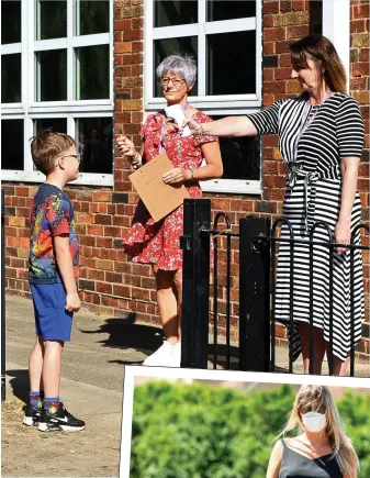  ??  ?? Teachers check pupils’ for a temperatur­e in Grimsby, yesterday; masks on walk to school in Shoreham, West Sussex, and queuing, left, at Queen’s Hill, near Norwich