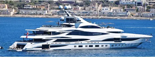  ??  ?? Life of luxury: The Greens’ £100million superyacht Lionheart, complete with its own helipad, off the coast of Malta last week