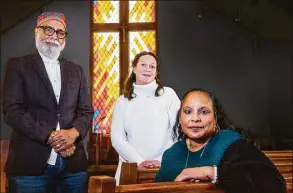  ?? Melanie Stengel / CHIT.org ?? Rev. Jack E. Madry, Pastor at Madry Temple Church in New London; Jennifer Muggeo, Deputy Director at Ledge Light Health District and Margaret Lancaster, Health Program Coordinato­r at Ledge Light Health District in the sanctuary of Madry Temple Church.