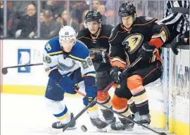  ?? Harry How Getty Images ?? THE BLUES’ Paul Stastny, left, doesn’t give up on the puck despite pressure from the Ducks’ Kevin Bieksa, right, and Jakob Silfverber­g.