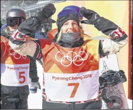  ?? THE CANADIAN PRESS/JONATHAN HAYWARD ?? Laurie Blouin of Canada reacts following the women’s snowboard slopestyle final at the Phoenix Snow Park at the 2018 Winter Olympic Games in Pyeongchan­g, South Korea, Monday.