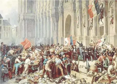 ??  ?? Lamartine, frente al ayuntamien­to de París, rechaza la bandera roja el 25 de febrero de 1848. Pintura de Fel