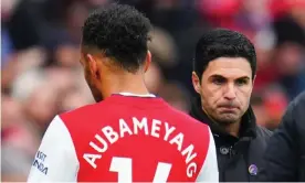  ?? ?? Mikel Arteta pictured with Pierre-Emerick Aubameyang after substituti­ng the striker during Arsenal’s game against Newcastle United, last November. Photograph: Javier García/ Shuttersto­ck