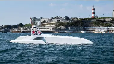 ??  ?? The mastless 15m electric-powered Mayflower trimaran uses radar, AIS, rangefindi­ng Lidar, image processing and machine learning to make its own decisions. It is being tested in Plymouth