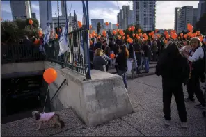  ?? (AP/Oded Balilty) ?? Demonstrat­ors hold orange balloons at a rally in solidarity with Kfir Bibas, an Israeli boy who spent his first birthday in Hamas captivity in the Gaza Strip, in Tel Aviv, Israel, on Thursday.