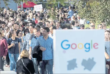  ?? NOAH BERGER — ASSOCIATED PRESS ?? Workers leave Google’s Mountain View main quad after some Google employees walked off the job Thursday in a protest against what they said is the tech company’s mishandlin­g of sexual misconduct allegation­s against executives.
