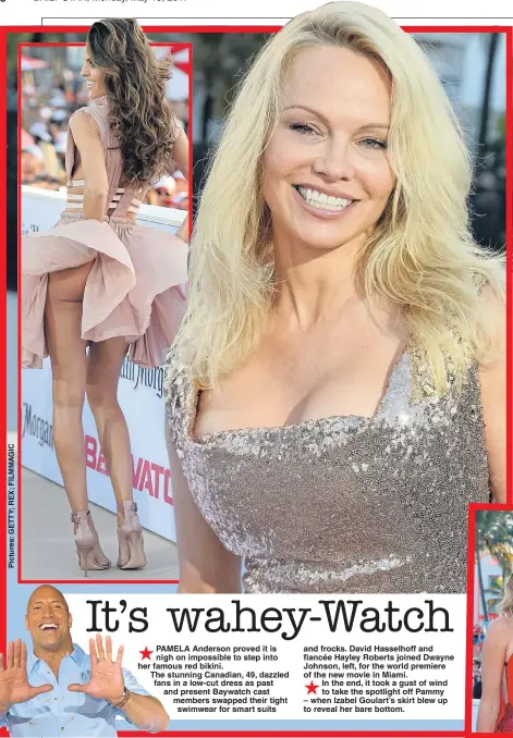  ??  ?? PAMELA Anderson proved it is nigh on impossible to step into her famous red bikini. The stunning Canadian, 49, dazzled fans in a low-cut dress as past and present Baywatch cast members swapped their tight swimwear for smart suits and frocks. David...