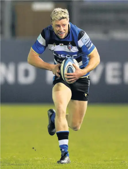  ?? Picture: Getty Images ?? Rhys Priestland, who was 34 last weekend, breaks away to score Bath’s first try against Wasps on Friday.