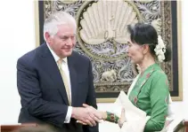  ??  ?? Myanmar's leader Aung San Suu Kyi, right, with visiting US Secretary of State Rex Tillerson at the Foreign Ministry office in Naypyitaw, Wednesday. (AP)